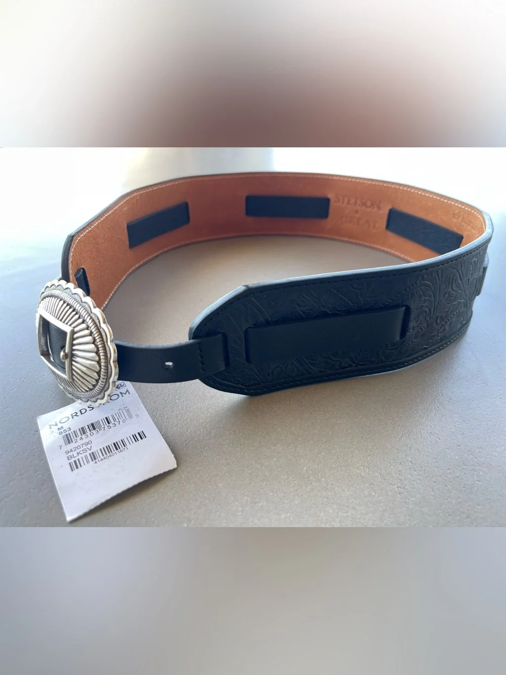 NEW STETSON & THE GREAT. The Tooled Waist Belt in Black with Silver Size M